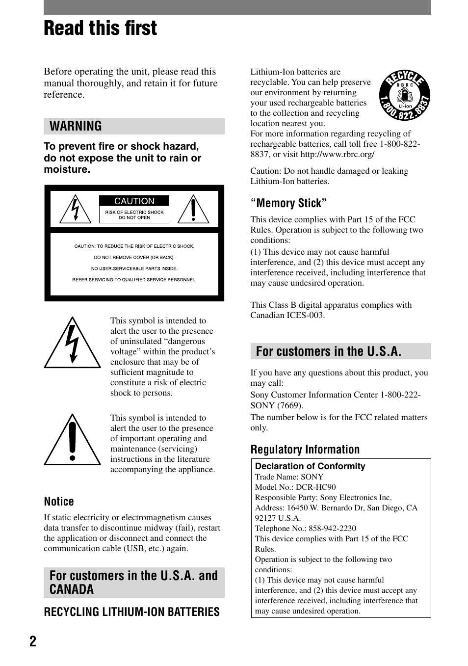 Read this first, Read this ﬁrst, Warning | For customers in the u.s.a. and canada, For customers in the u.s.a | Sony DCR-HC90 User Manual | Page 2 / 123