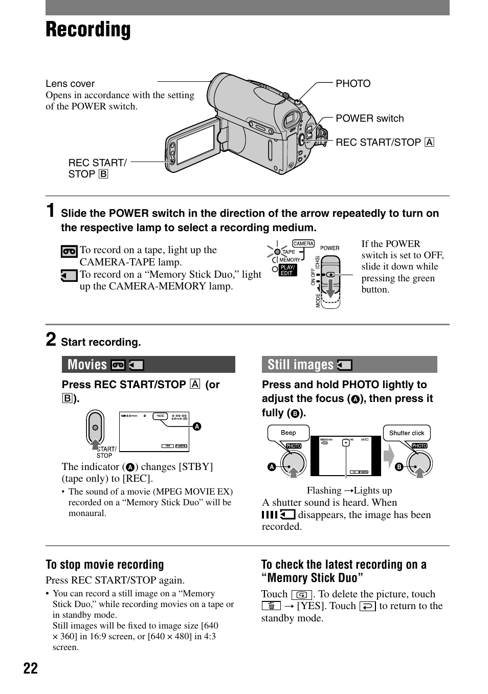 Recording, Movies, Still images | Sony DCR-HC90 User Manual | Page 22 / 123