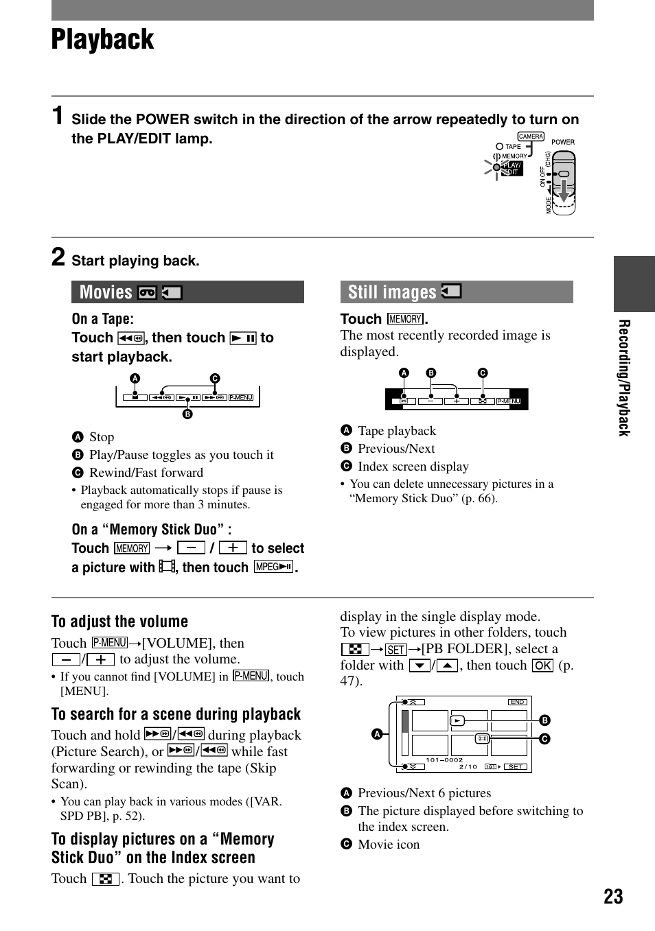 Playback, Movies, Still images | Sony DCR-HC90 User Manual | Page 23 / 123