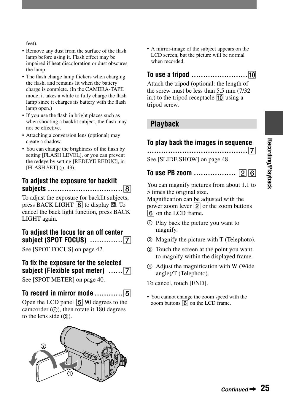 To adjust the exposure for backlit subjects, To record in mirror mode, To use a tripod | Playback, To play back the images in sequence, To use pb zoom | Sony DCR-HC90 User Manual | Page 25 / 123