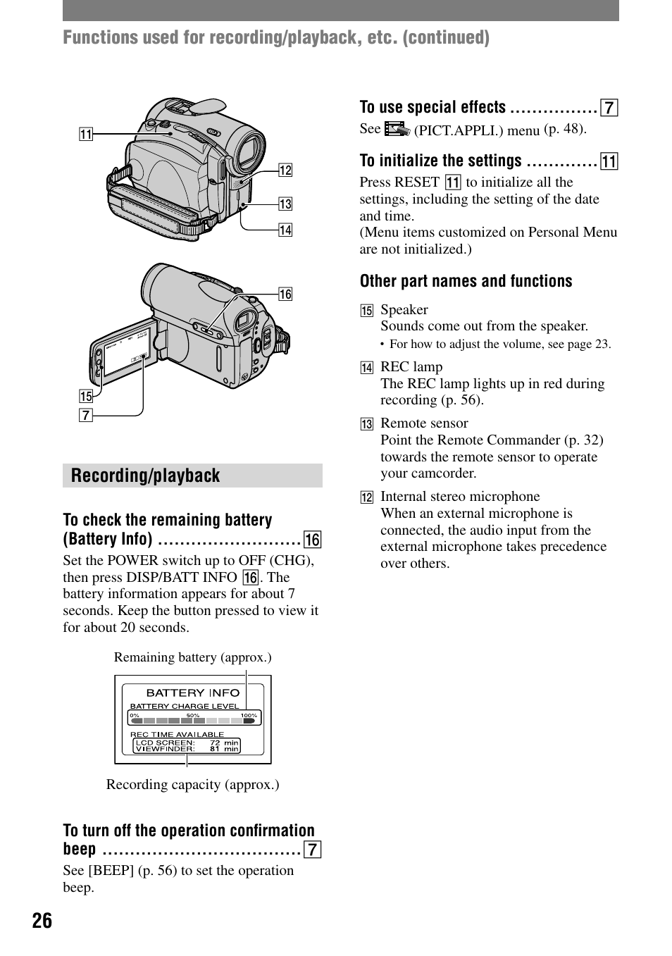 Recording/playback, To check the remaining battery (battery info), To turn off the operation confirmation beep | To use special effects, To initialize the settings, Other part names and functions | Sony DCR-HC90 User Manual | Page 26 / 123