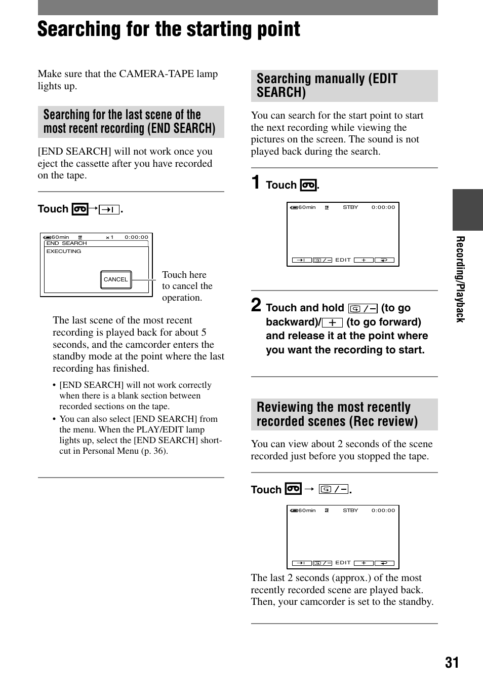 Searching for the starting point, Searching manually (edit search) | Sony DCR-HC90 User Manual | Page 31 / 123