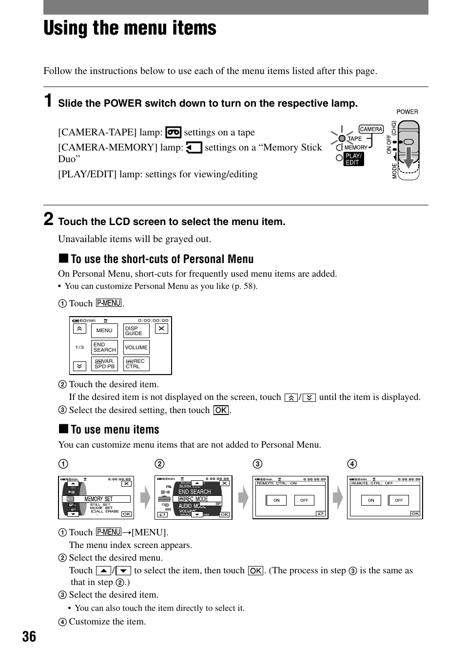 Using the menu, Using the menu items | Sony DCR-HC90 User Manual | Page 36 / 123