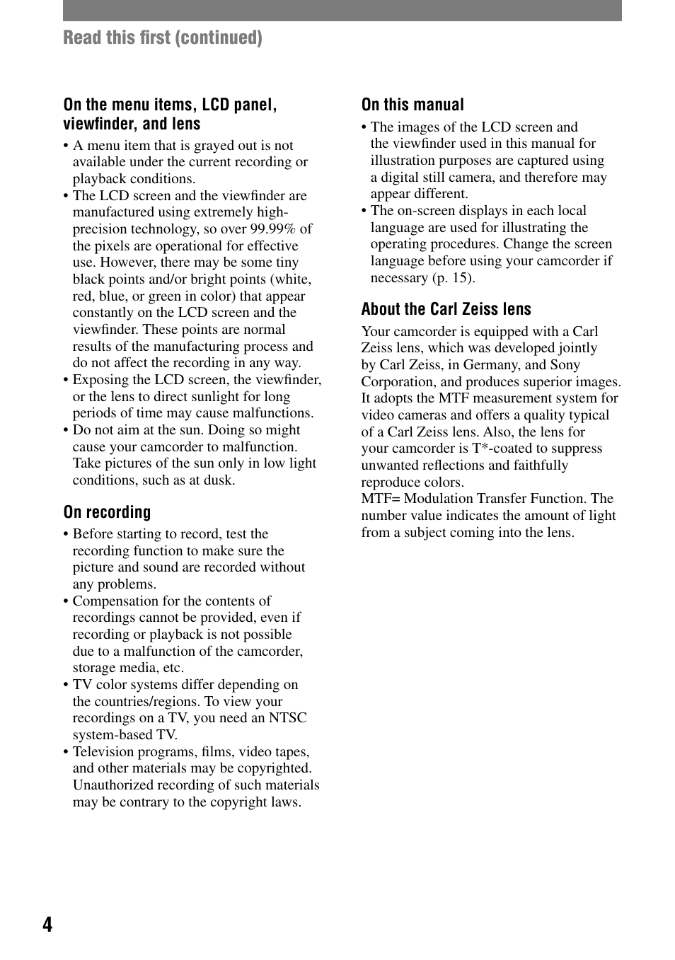 Read this ﬁrst (continued) | Sony DCR-HC90 User Manual | Page 4 / 123