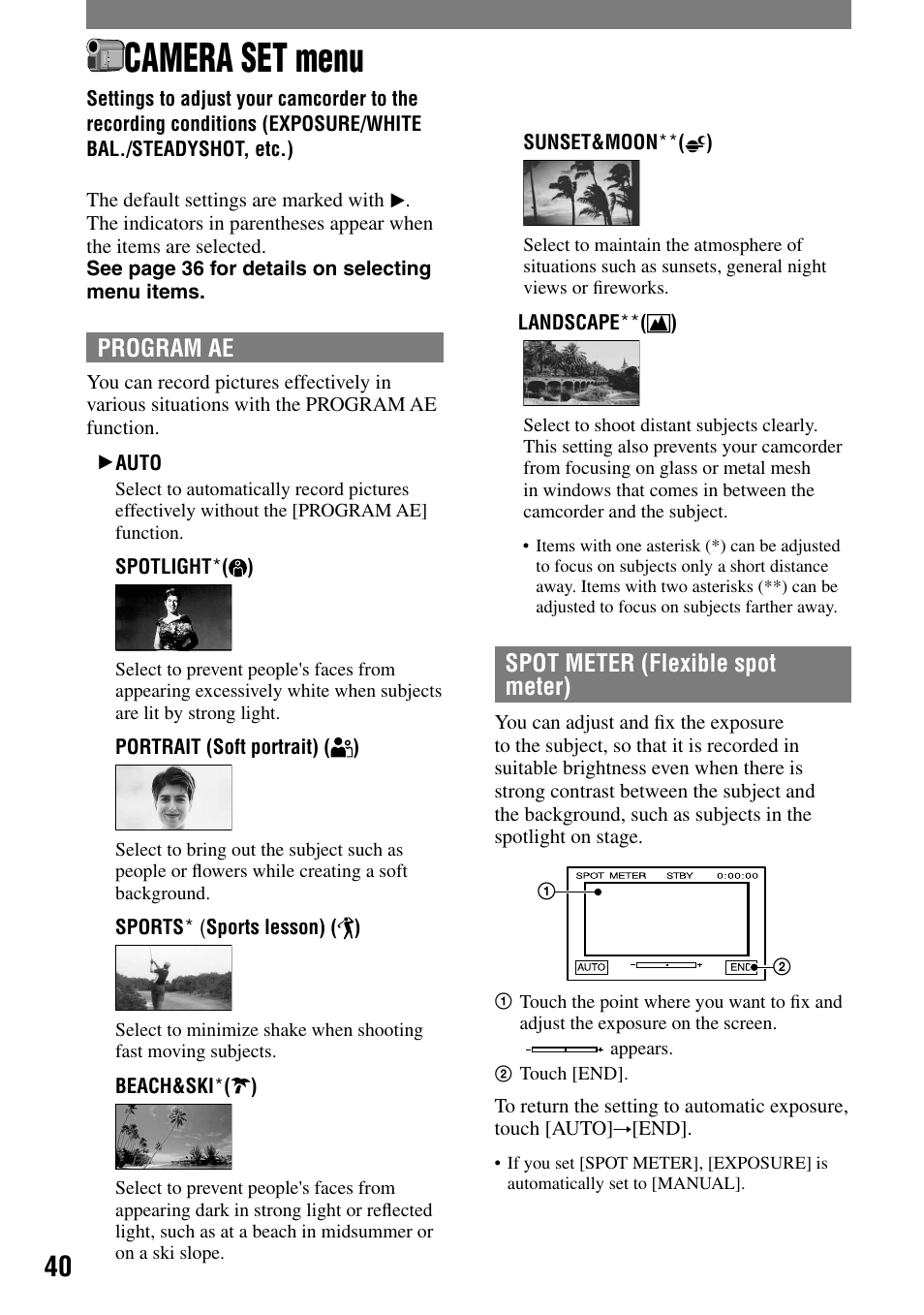 Camera set menu, Program ae, Spot meter (flexible spot meter) | Sony DCR-HC90 User Manual | Page 40 / 123