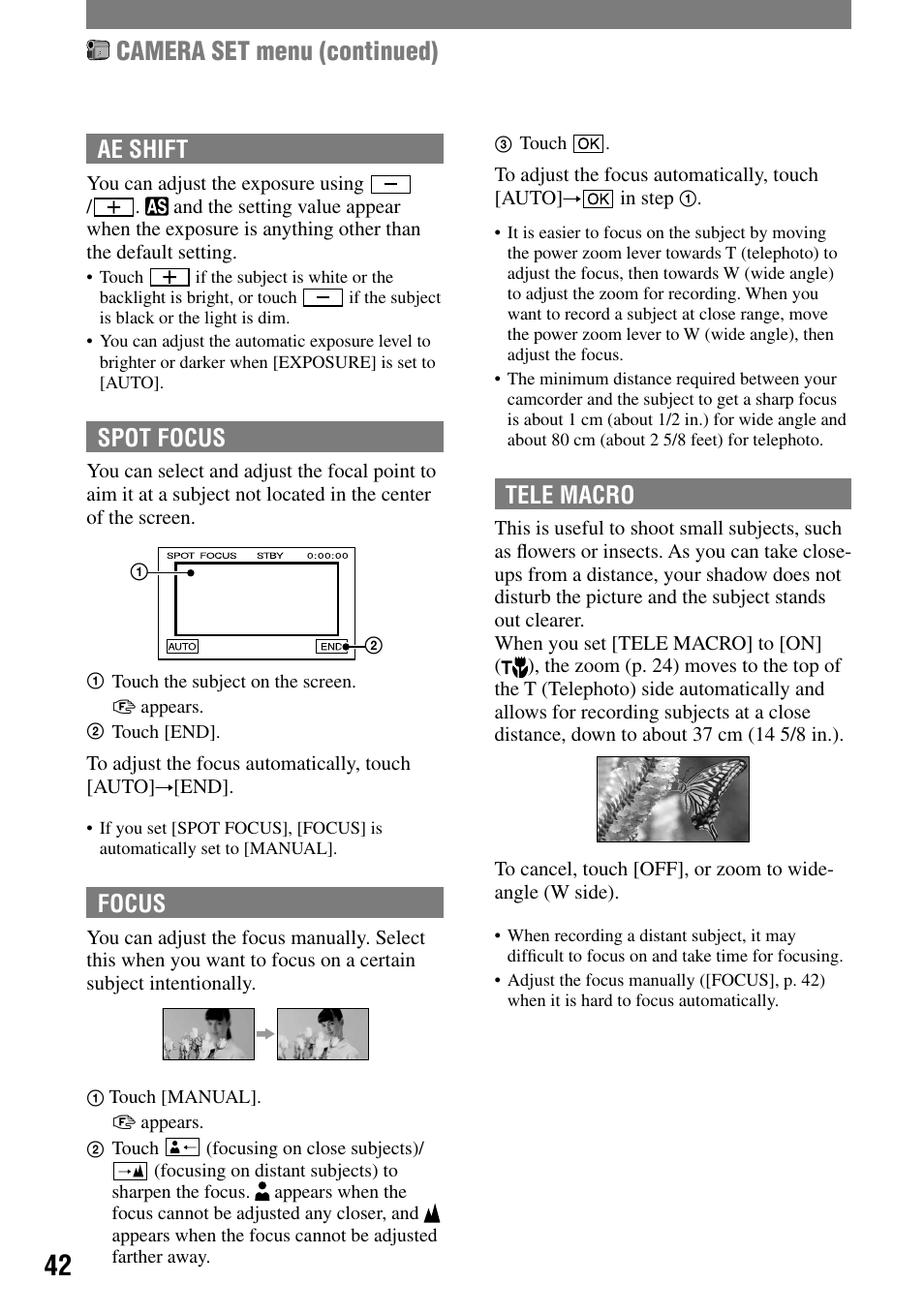 Camera set menu (continued), Ae shift, Spot focus | Focus, Tele macro | Sony DCR-HC90 User Manual | Page 42 / 123
