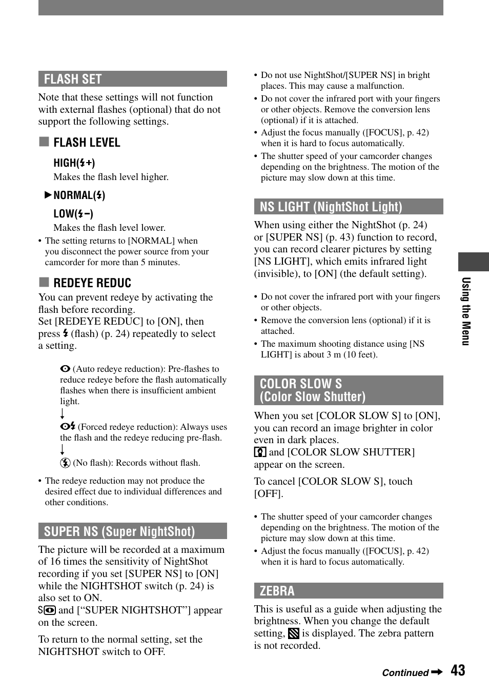 Flash set, Super ns (super nightshot), Ns light (nightshot light) | Color slow s (color slow shutter), Zebra | Sony DCR-HC90 User Manual | Page 43 / 123