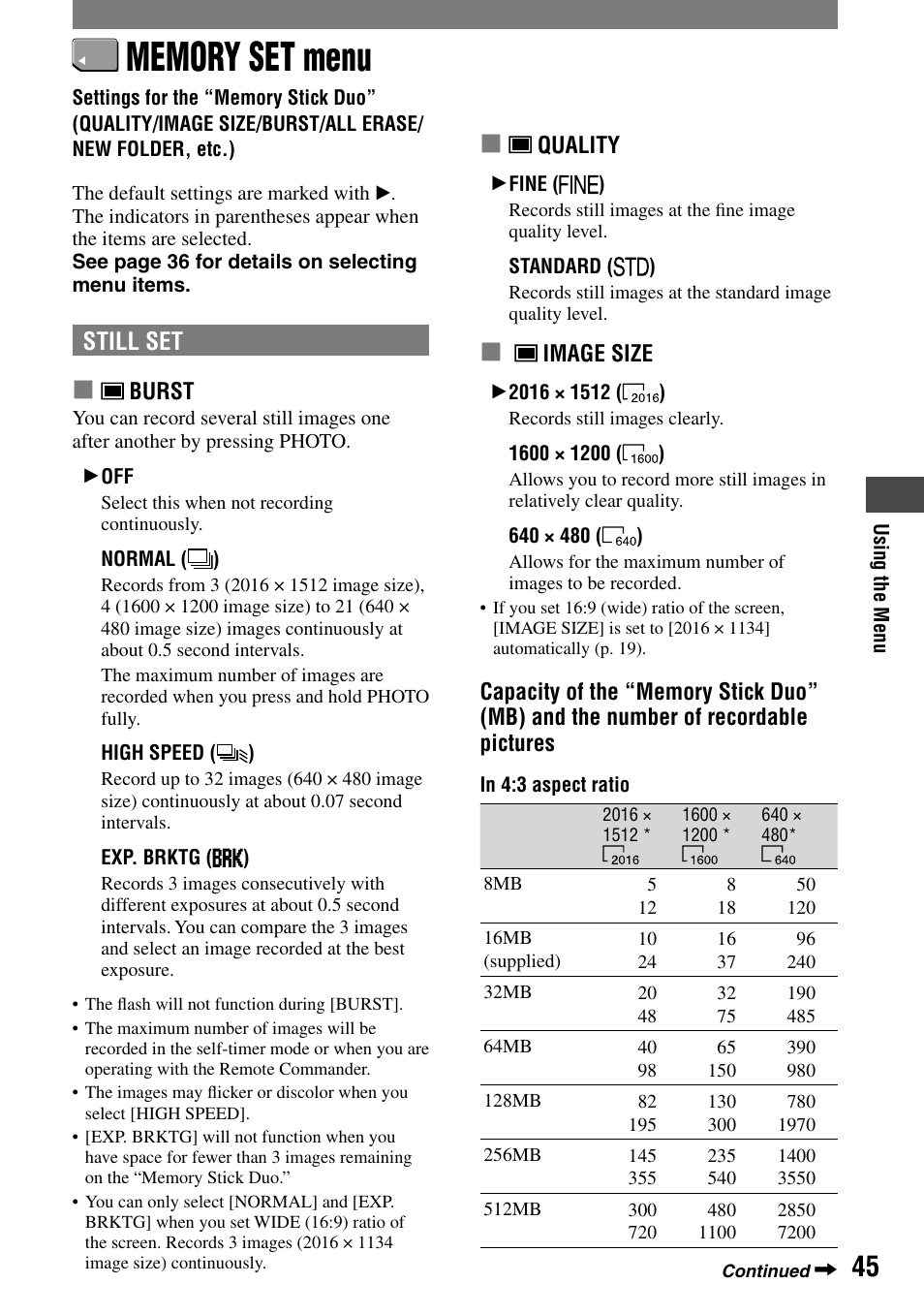 Memory set menu, Still set | Sony DCR-HC90 User Manual | Page 45 / 123