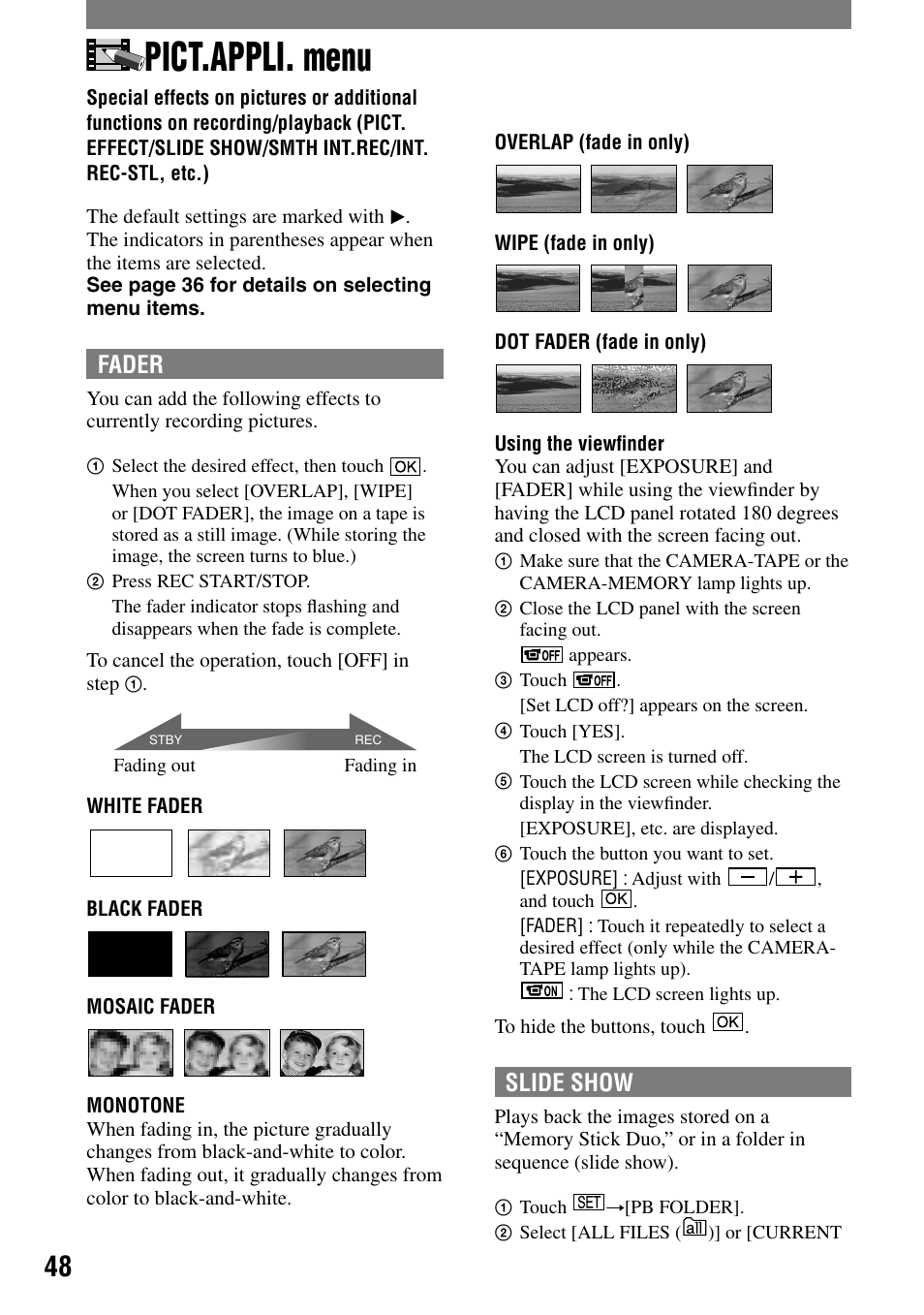 Pict.appli. menu, Fader, Slide show | Sony DCR-HC90 User Manual | Page 48 / 123