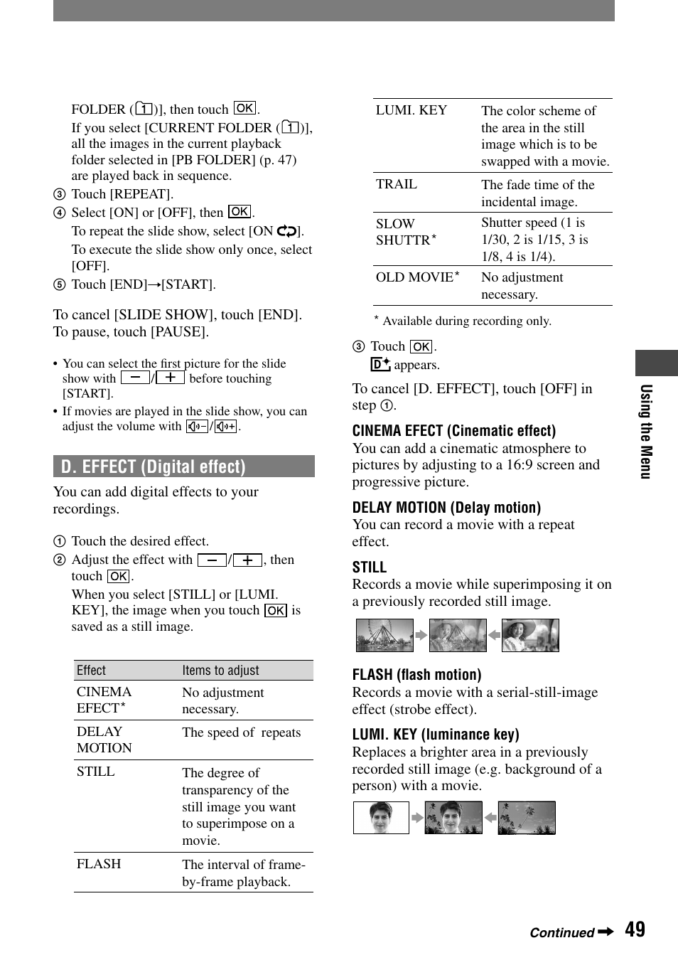 D. effect (digital effect) | Sony DCR-HC90 User Manual | Page 49 / 123