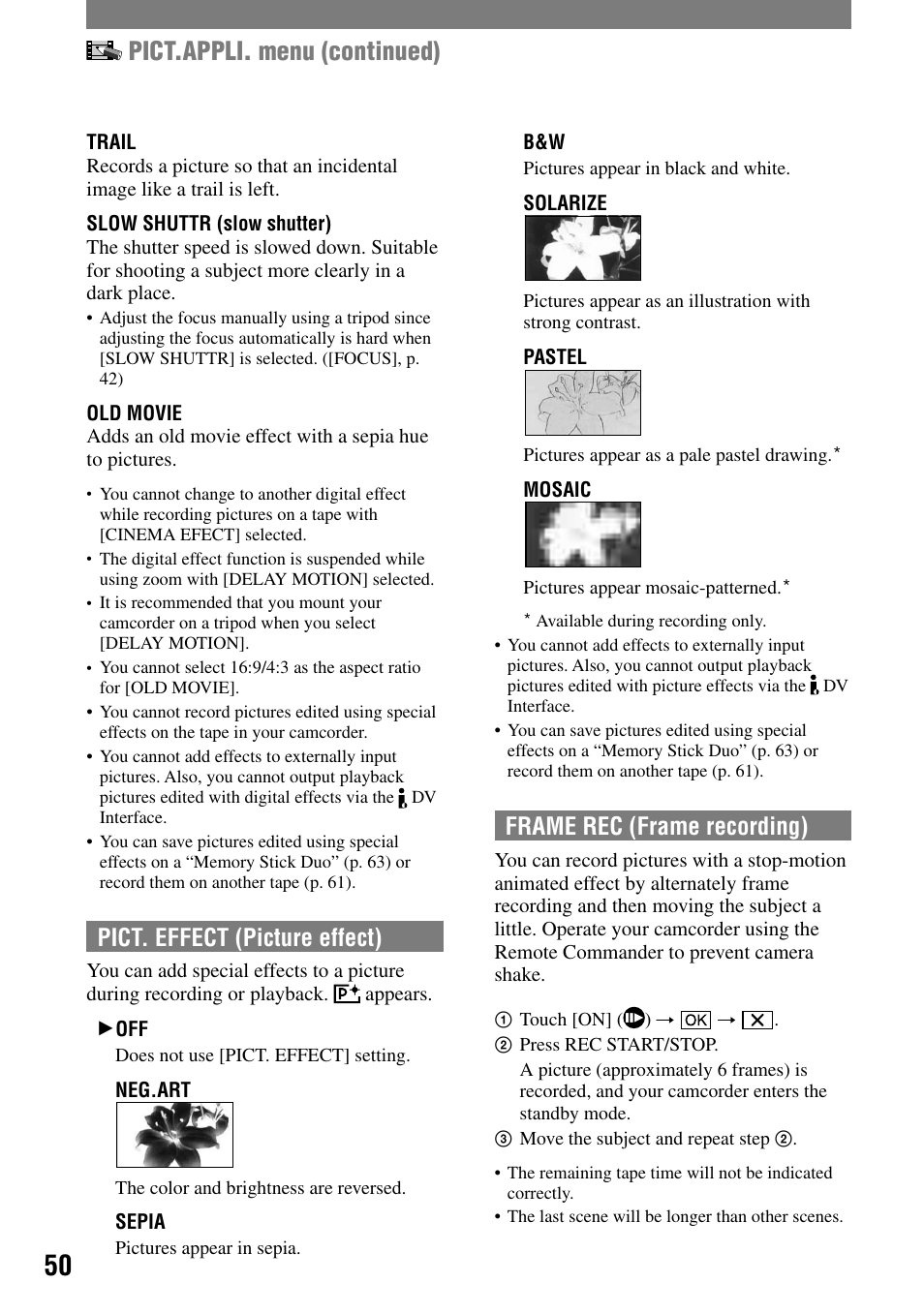 Pict.appli. menu (continued), Pict. effect (picture effect), Frame rec (frame recording) | Sony DCR-HC90 User Manual | Page 50 / 123