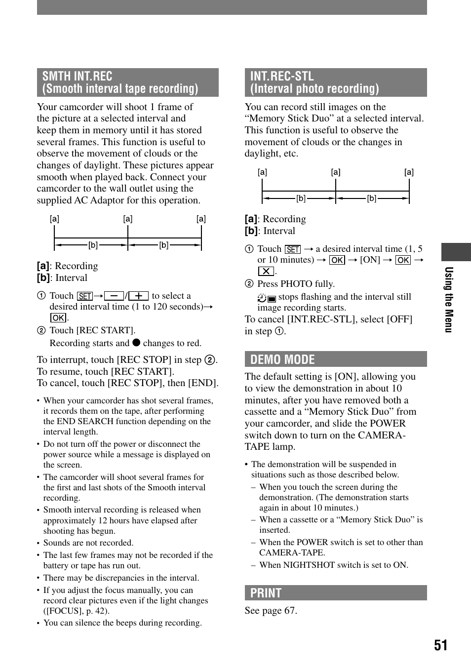 Smth int.rec (smooth interval tape recording), Int.rec-stl (interval photo recording), Demo mode | Print | Sony DCR-HC90 User Manual | Page 51 / 123