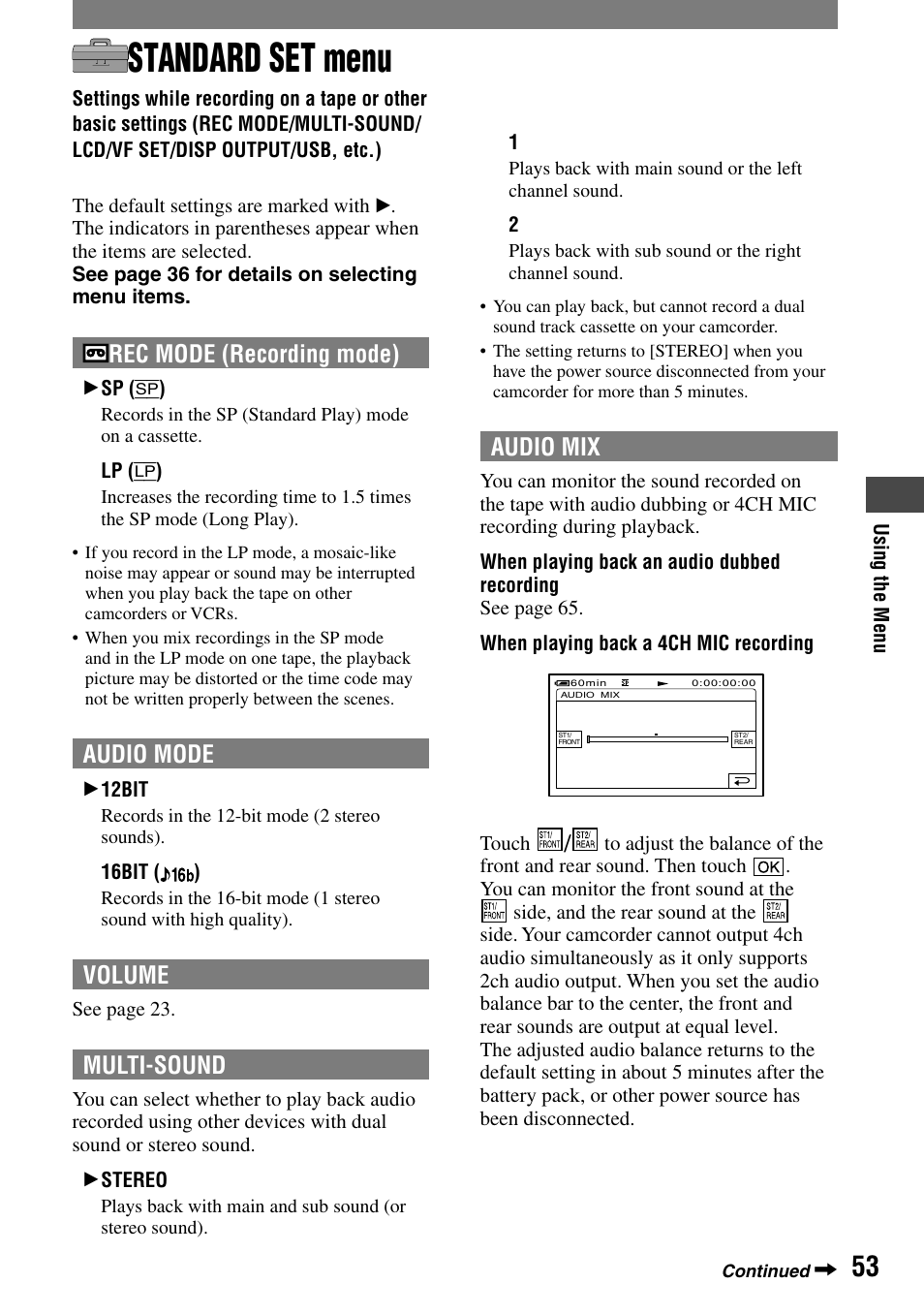 Standard set menu, Rec mode (recording mode), Audio mode | Volume, Multi-sound, Audio mix | Sony DCR-HC90 User Manual | Page 53 / 123