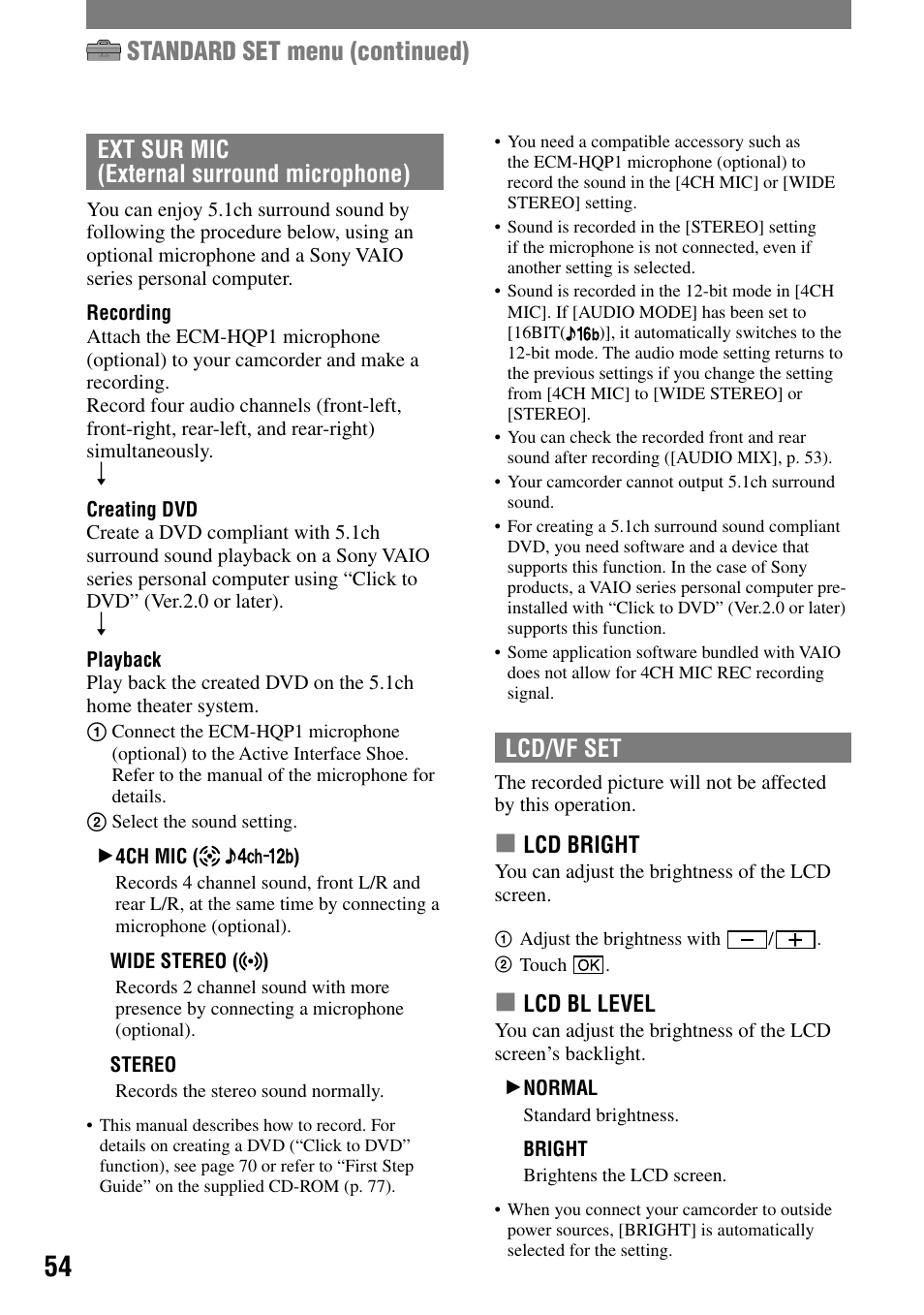 Standard set menu (continued), Ext sur mic (external surround microphone), Lcd/vf set | Sony DCR-HC90 User Manual | Page 54 / 123