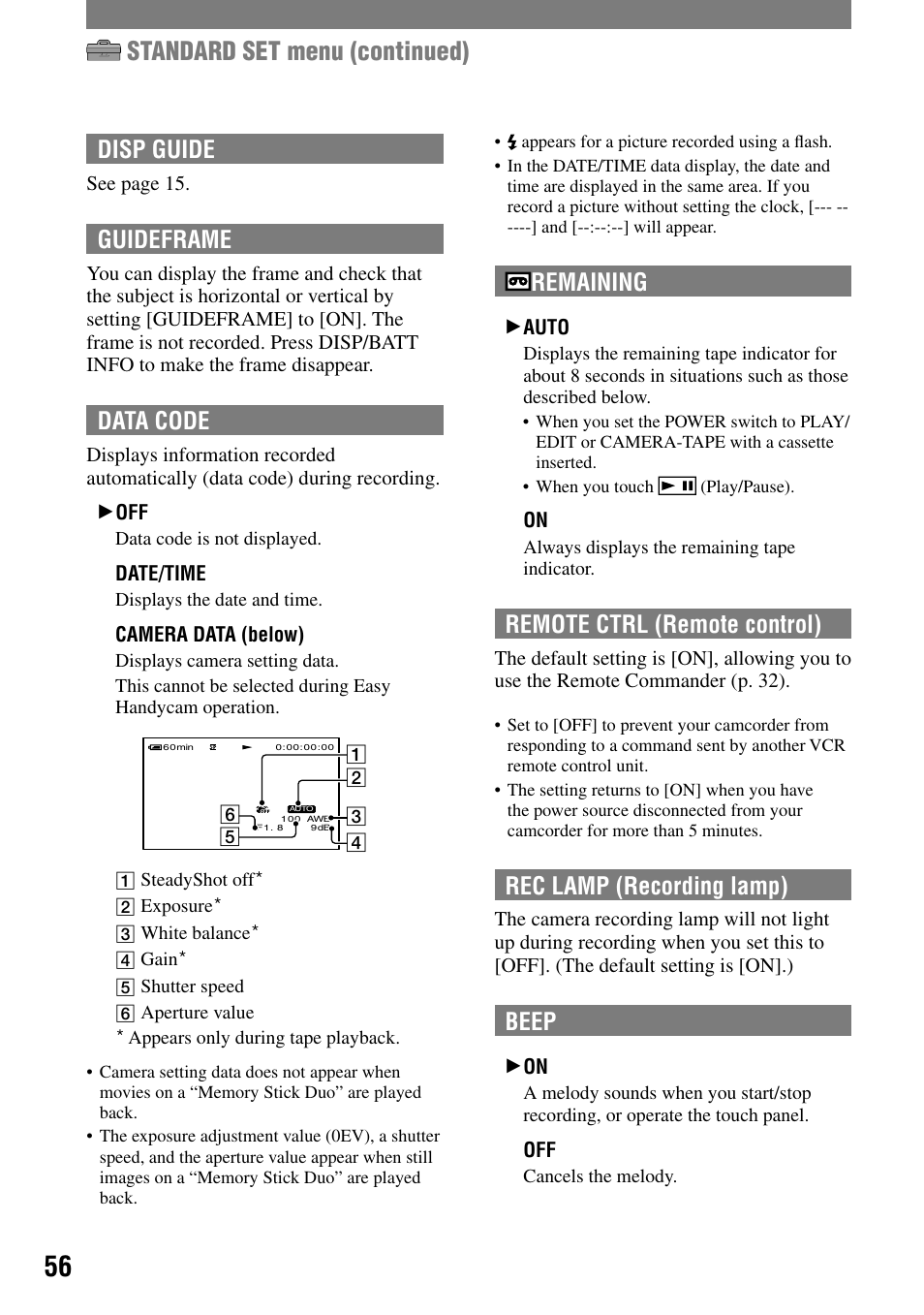 Standard set menu (continued), Disp guide, Guideframe | Data code, Remaining, Remote ctrl (remote control), Rec lamp (recording lamp), Beep | Sony DCR-HC90 User Manual | Page 56 / 123