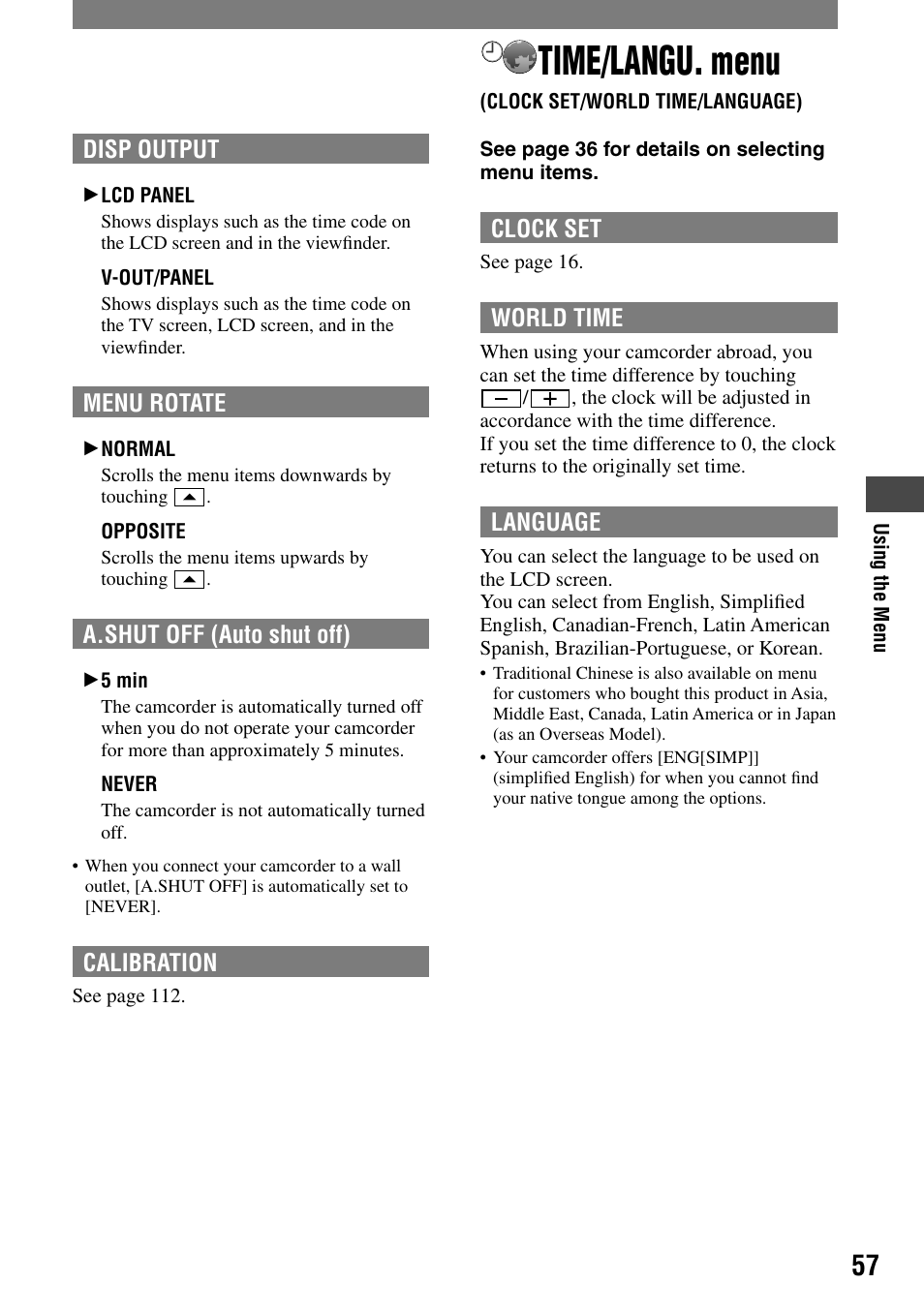 Time/langu. menu | Sony DCR-HC90 User Manual | Page 57 / 123