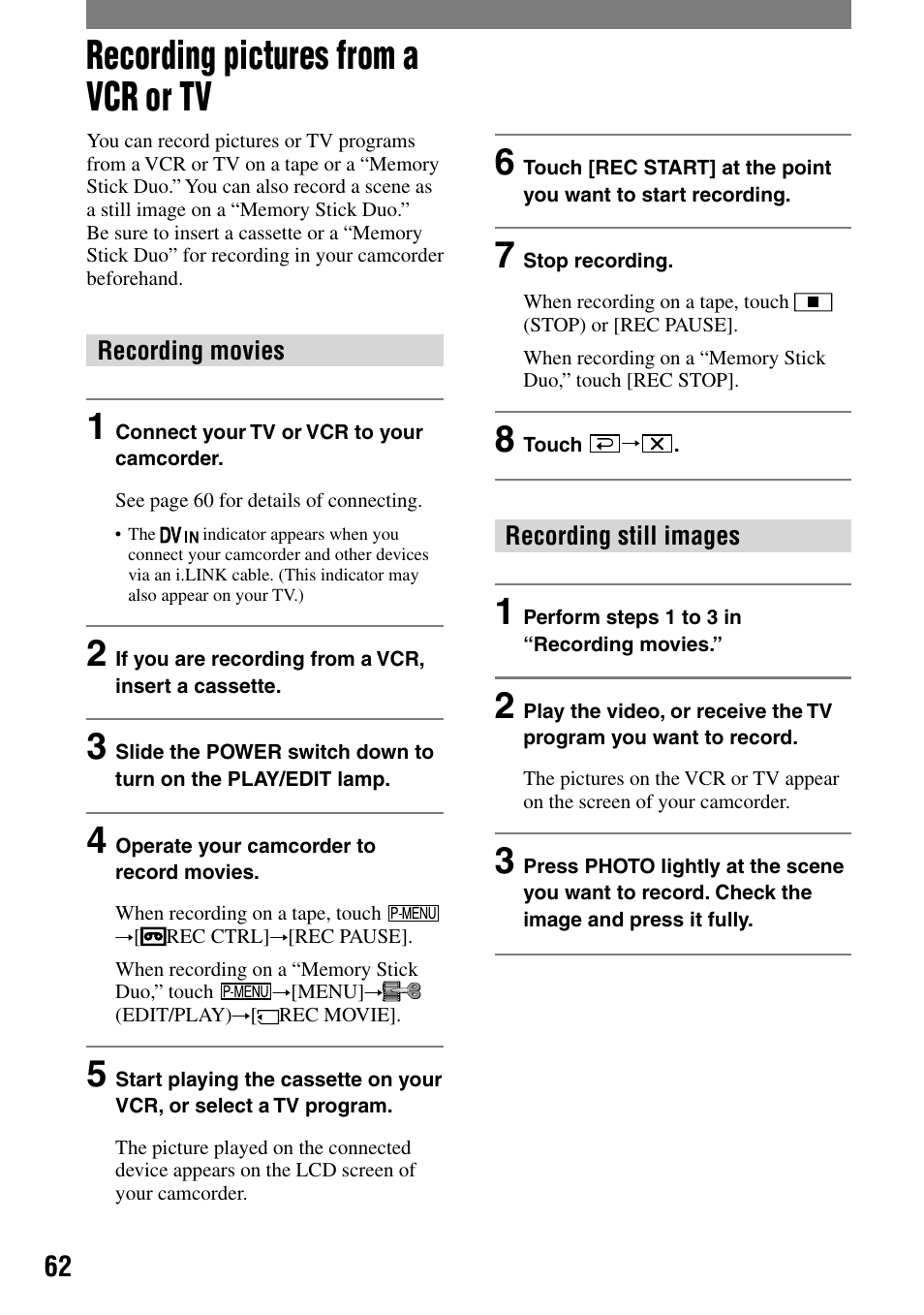 Recording pictures from a vcr or tv | Sony DCR-HC90 User Manual | Page 62 / 123