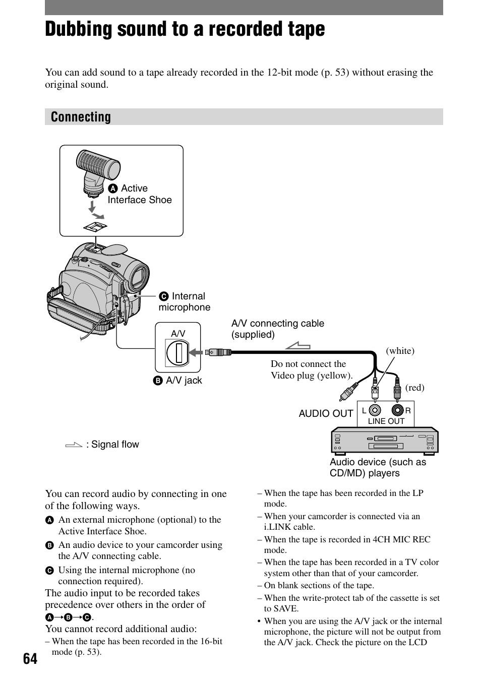 Dubbing sound to a recorded tape, Connecting | Sony DCR-HC90 User Manual | Page 64 / 123