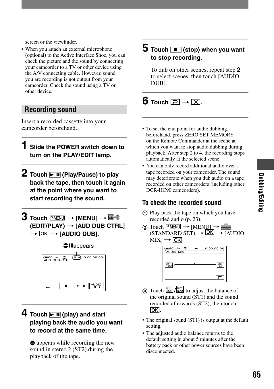 Recording sound | Sony DCR-HC90 User Manual | Page 65 / 123