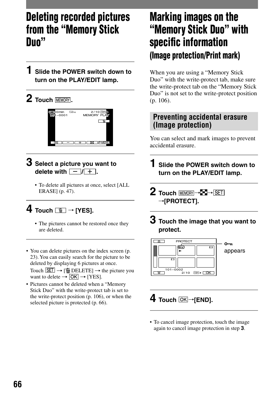 Image protection/print mark), Preventing accidental erasure (image protection) | Sony DCR-HC90 User Manual | Page 66 / 123