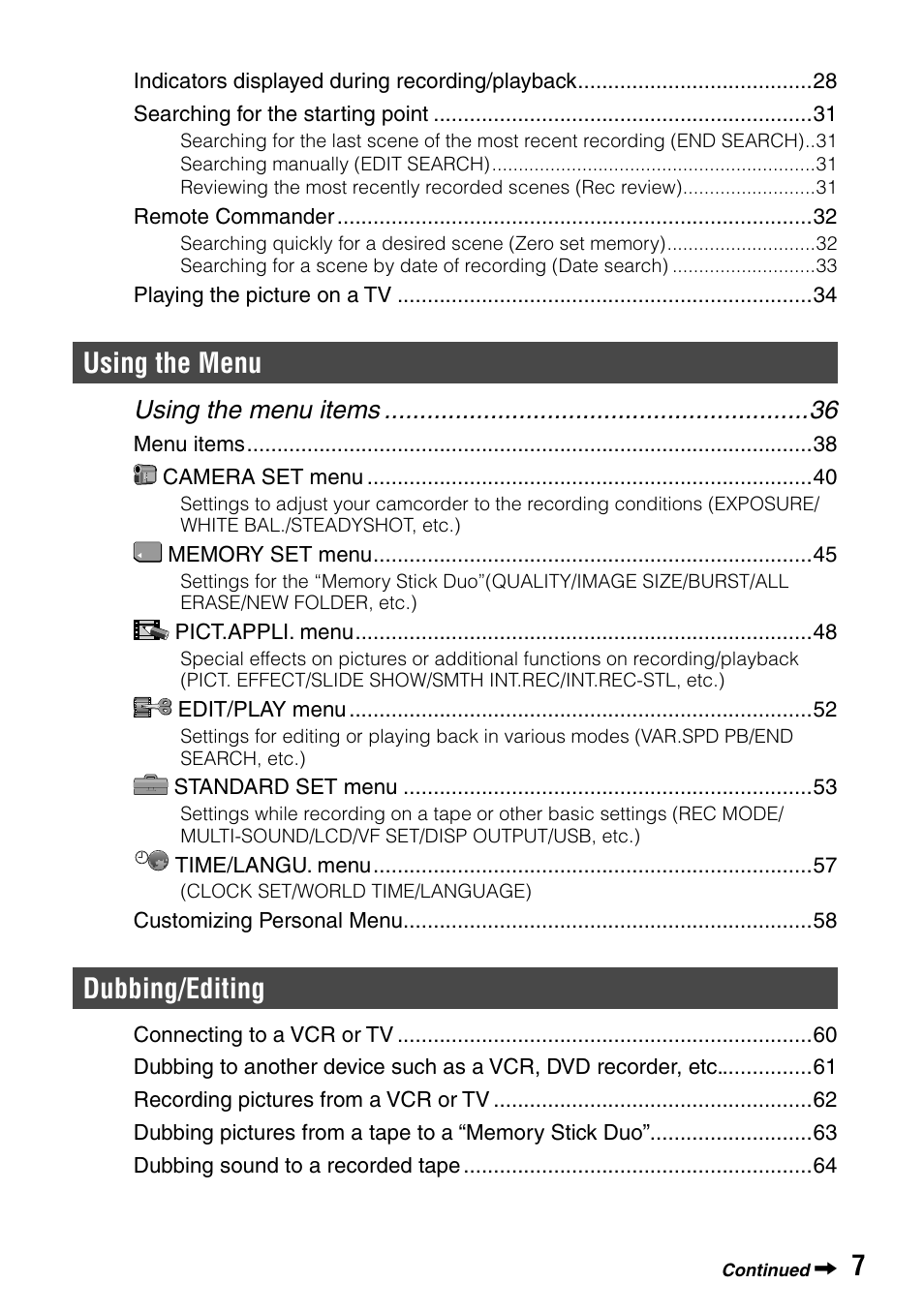 Using the menu, Dubbing/editing, Using the menu items | Sony DCR-HC90 User Manual | Page 7 / 123