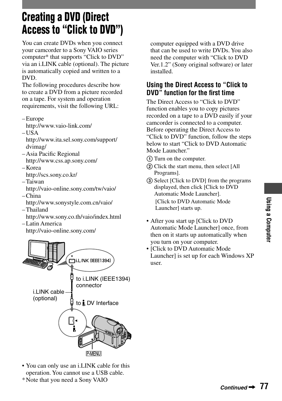 Creating a dvd (direct access to “click to dvd”) | Sony DCR-HC90 User Manual | Page 77 / 123