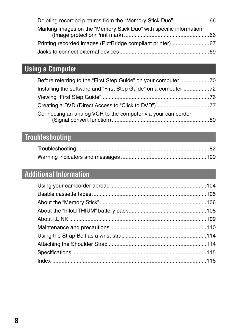 Using a computer, Troubleshooting, Additional information | Sony DCR-HC90 User Manual | Page 8 / 123