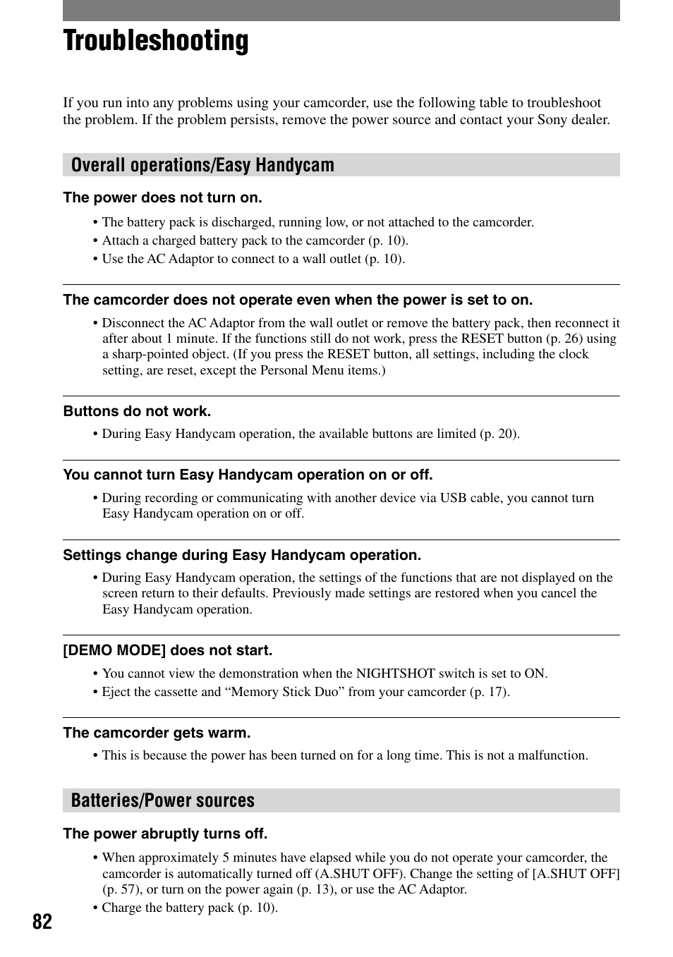 Troubleshooting, Overall operations/easy handycam, Batteries/power sources | Sony DCR-HC90 User Manual | Page 82 / 123