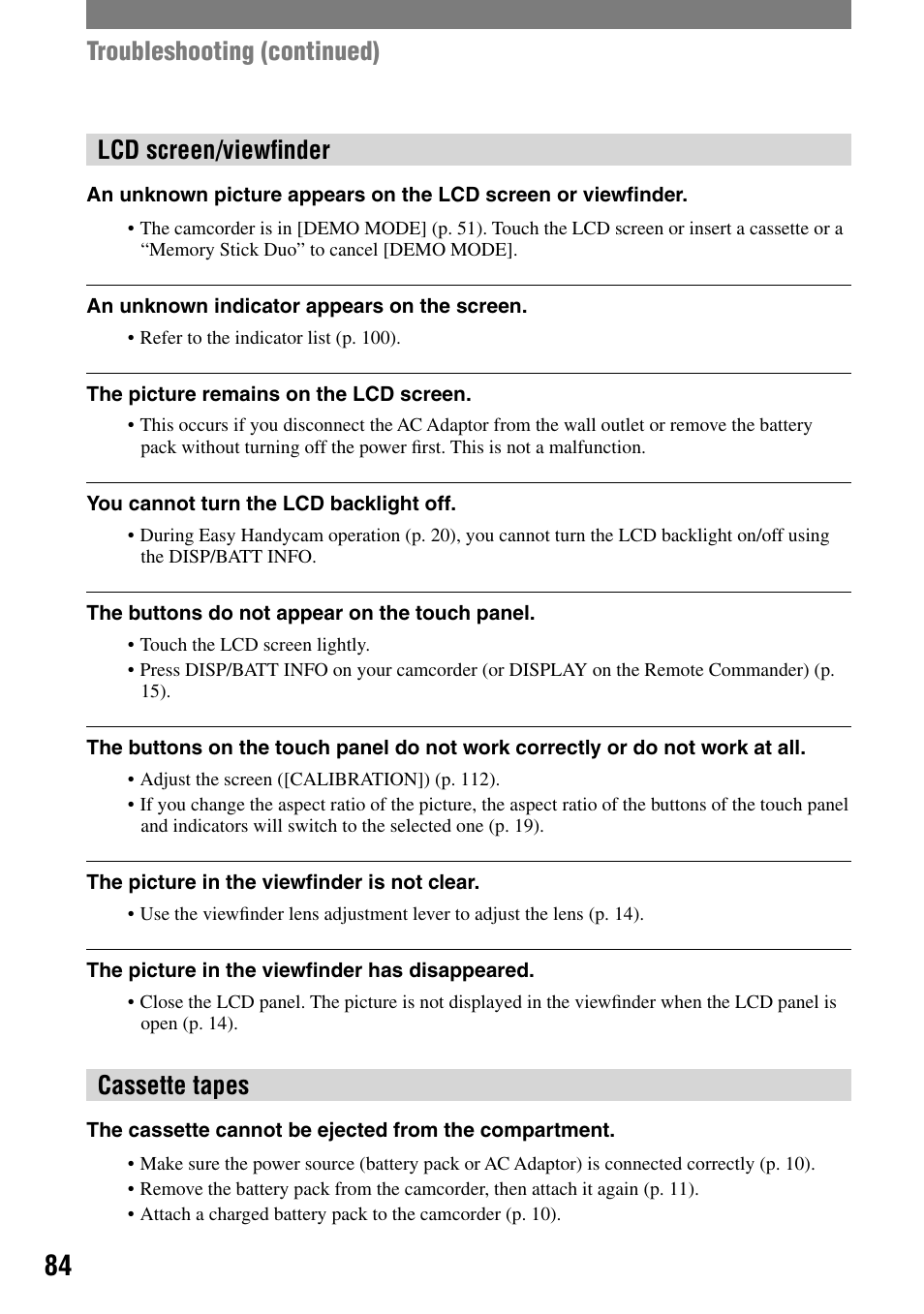 Lcd screen/viewﬁnder, Cassette tapes, Troubleshooting (continued) | Sony DCR-HC90 User Manual | Page 84 / 123