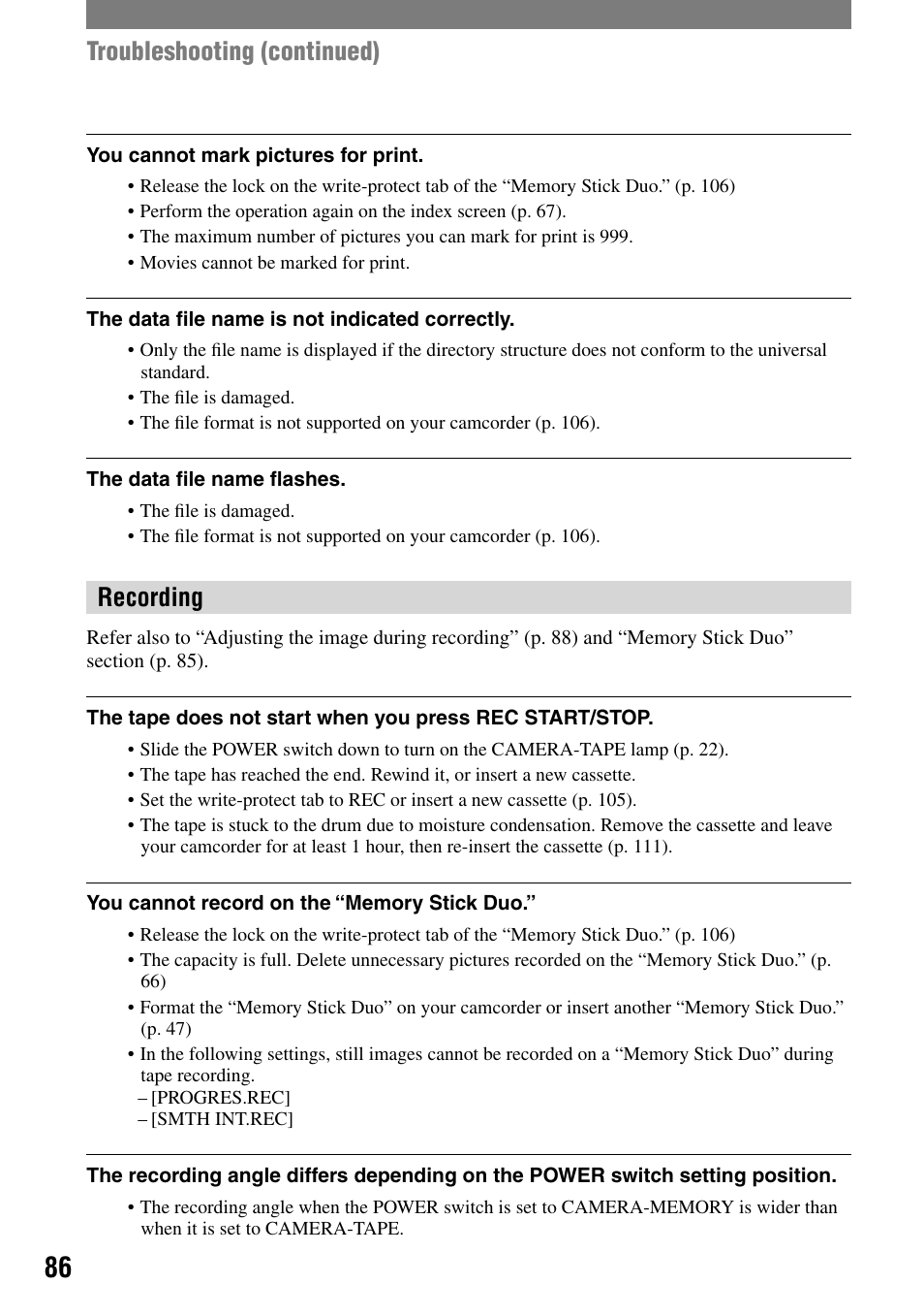 Recording, Troubleshooting (continued) | Sony DCR-HC90 User Manual | Page 86 / 123