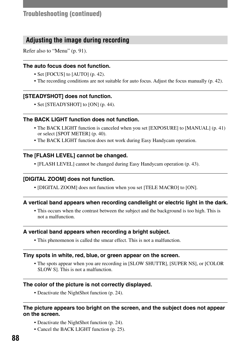 Adjusting the image during recording, Troubleshooting (continued) | Sony DCR-HC90 User Manual | Page 88 / 123