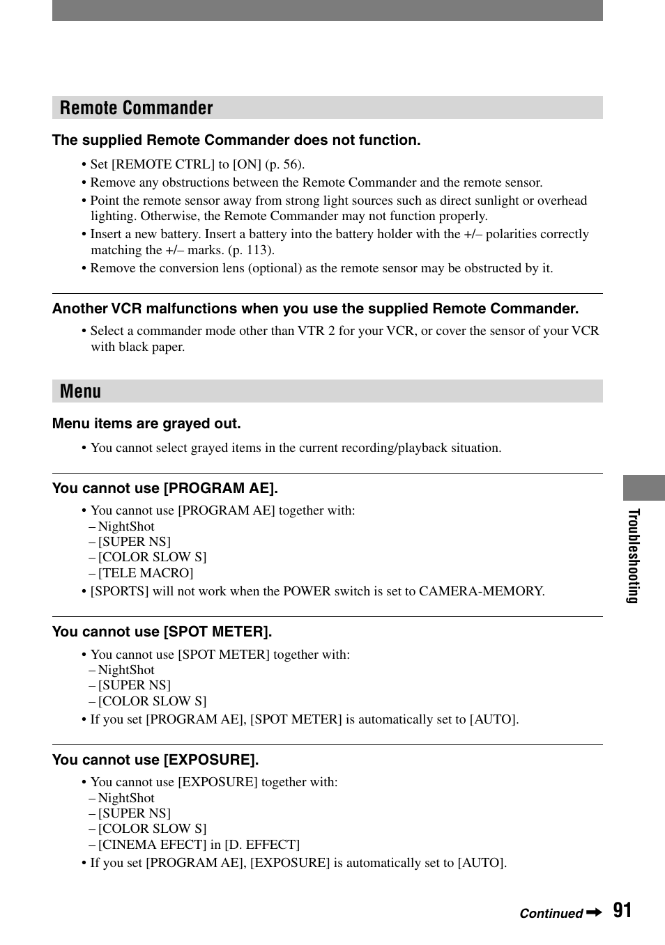 Remote commander, Menu | Sony DCR-HC90 User Manual | Page 91 / 123