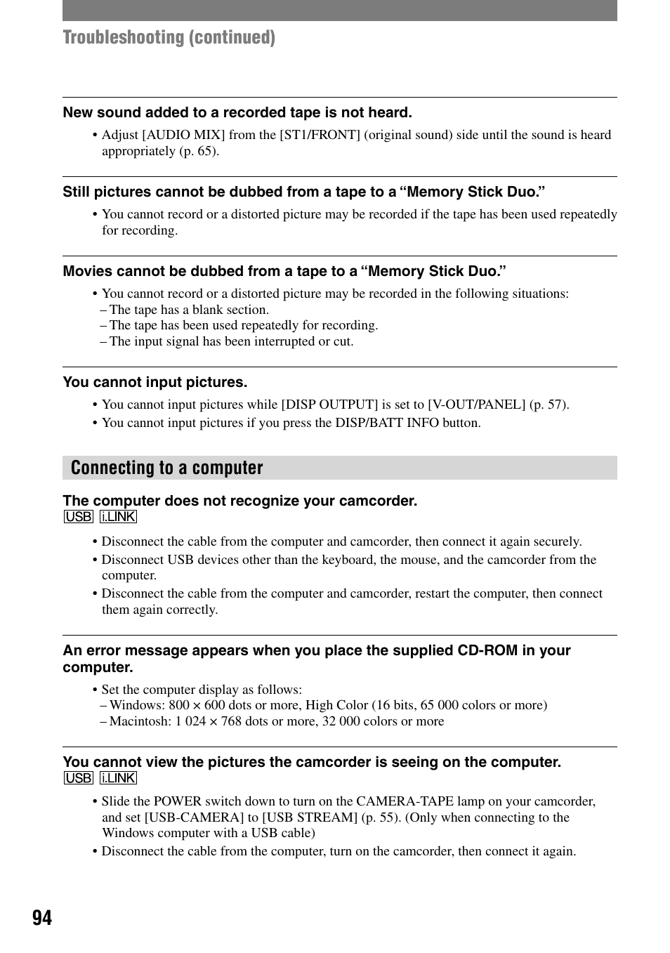 Connecting to a computer, Troubleshooting (continued) | Sony DCR-HC90 User Manual | Page 94 / 123