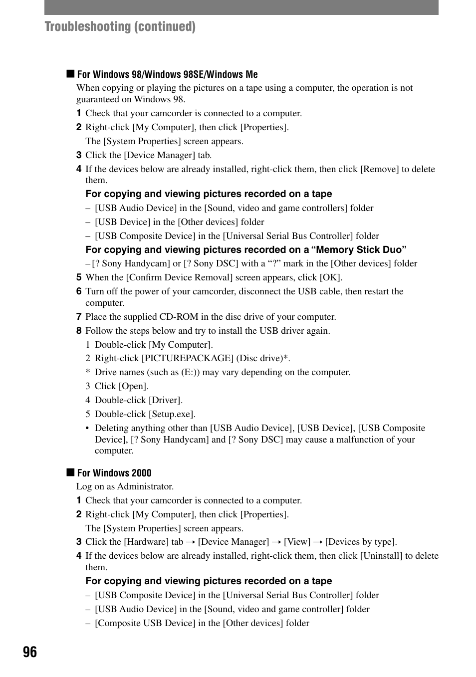 Troubleshooting (continued) | Sony DCR-HC90 User Manual | Page 96 / 123