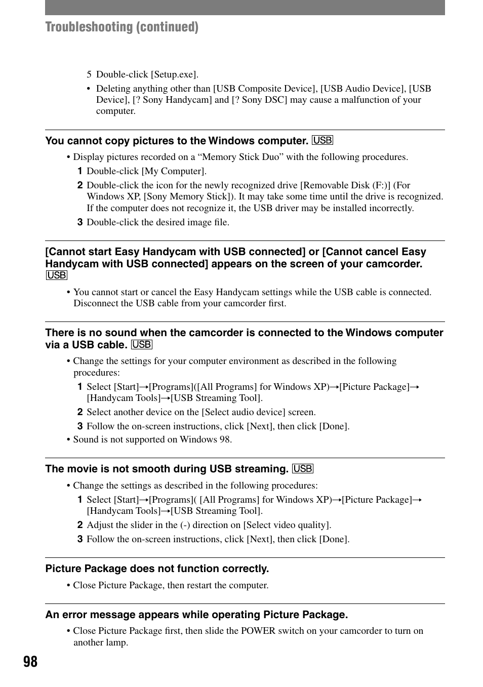 Troubleshooting (continued) | Sony DCR-HC90 User Manual | Page 98 / 123