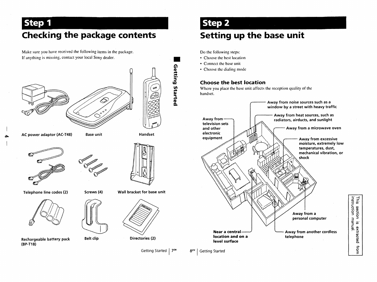 Checking the package contents, Setting up the base unit, Step 1 | Step 2 | Sony SPP-D900 User Manual | Page 2 / 9