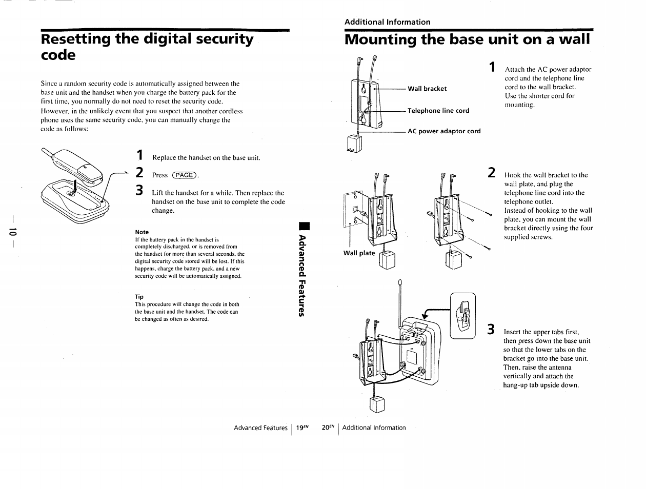 Resetting the digital security code, Mounting the base unit on a wall, Mounting the base unit on a wall 1 1 2 | Sony SPP-D900 User Manual | Page 8 / 9