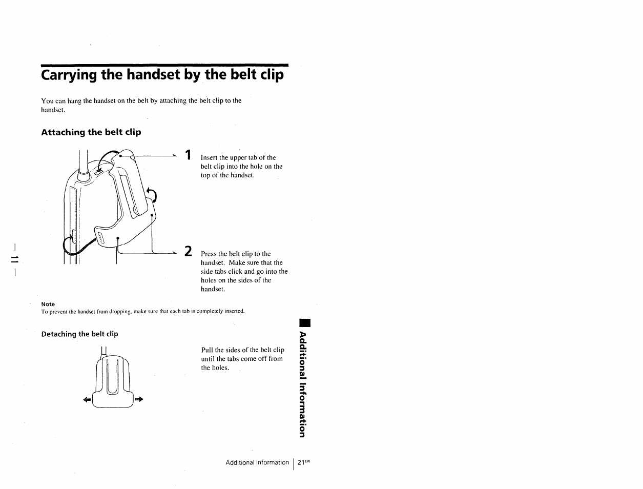 Carrying the handset by the belt clip | Sony SPP-D900 User Manual | Page 9 / 9