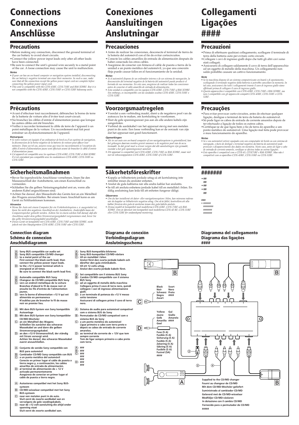 Connections connexions anschlüsse, Precautions, Précautions | Sicherheitsmaßnahmen, Precauzioni, Precauções, Precauciones, Voorzorgsmaatregelen, Säkerhetsföreskrifter, Bc d a b | Sony XA-C30 User Manual | Page 3 / 4