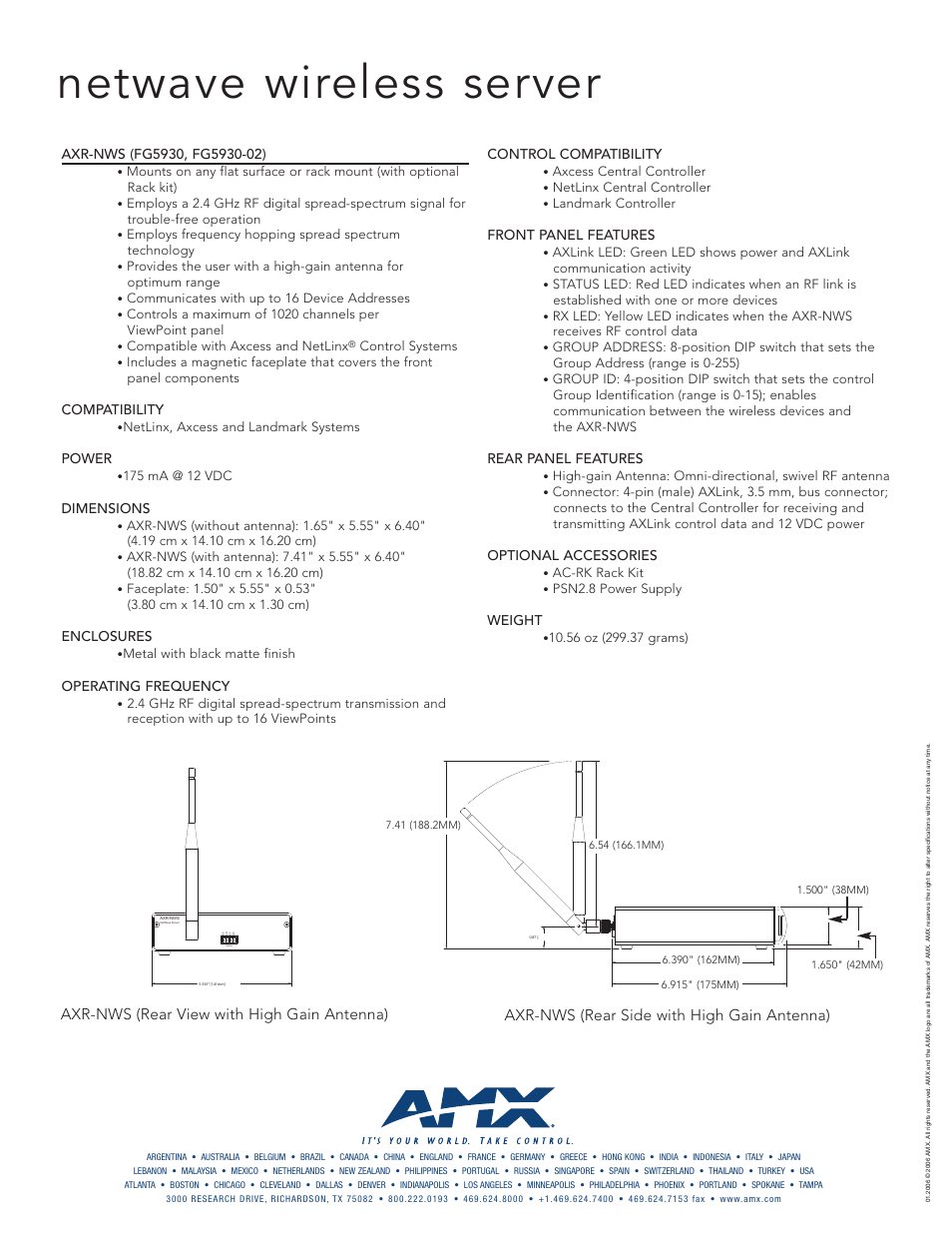 Netwave wireless server, Compatibility, Power | Dimensions, Enclosures, Operating frequency, Control compatibility, Front panel features, Rear panel features, Optional accessories | AMX AXR-NWS User Manual | Page 2 / 2