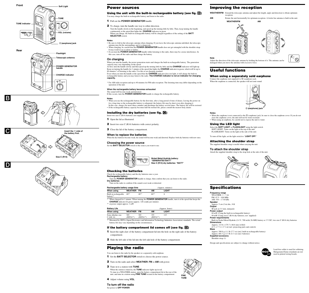 Bc d, Charge, Power sources | Playing the radio, Improving the reception, Useful functions, Specifications | Sony ICF-B05W User Manual | Page 2 / 2