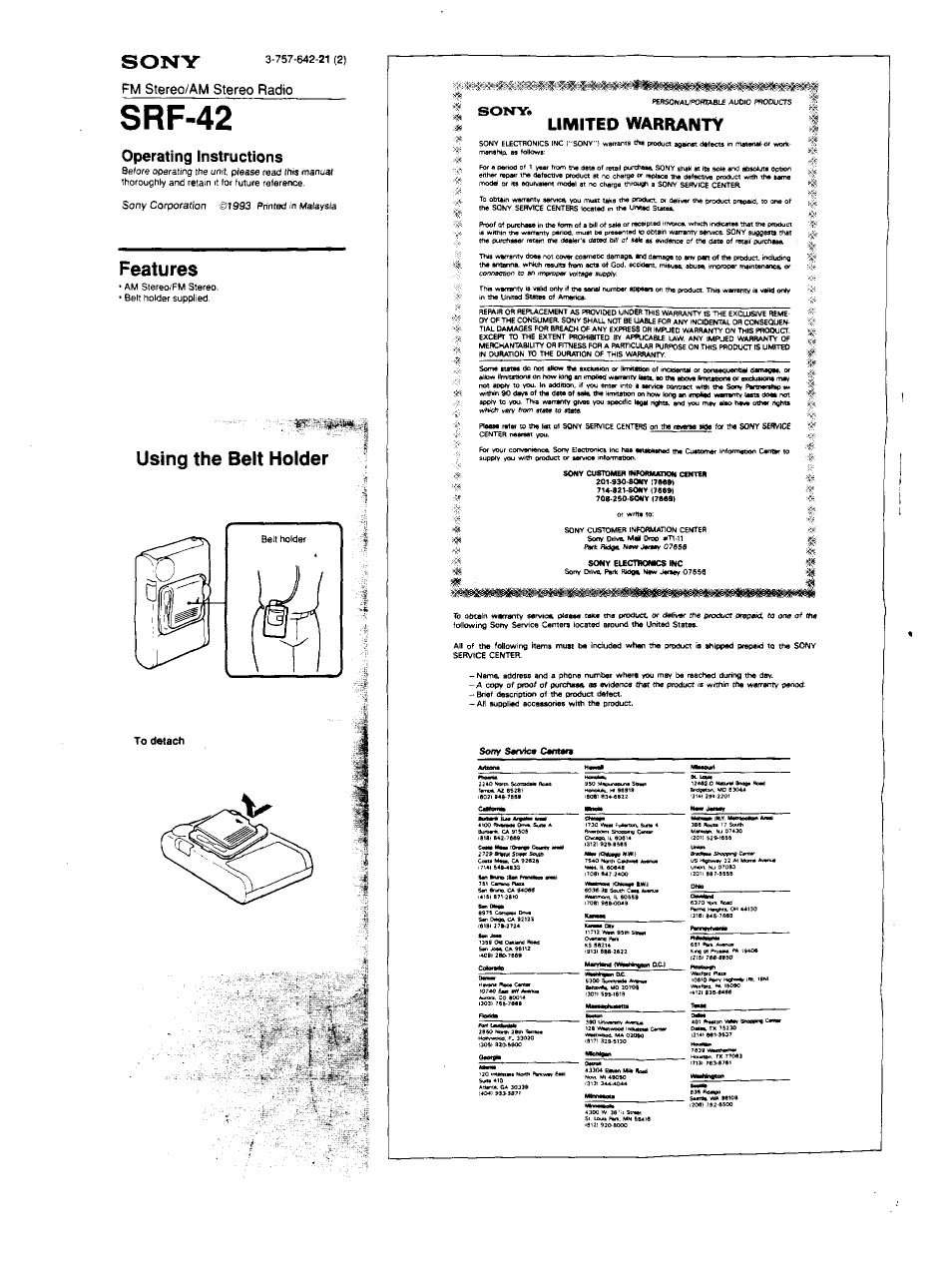 Sony SRF-42 User Manual | 2 pages