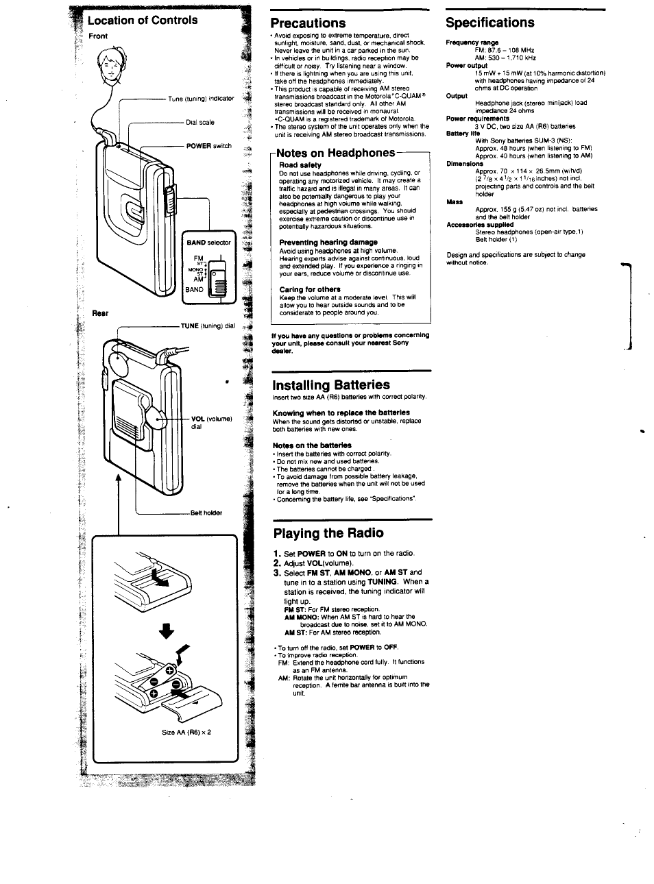 Precautions, Specifications, Installing batteries | Playing the radio, Precautions specifications | Sony SRF-42 User Manual | Page 2 / 2