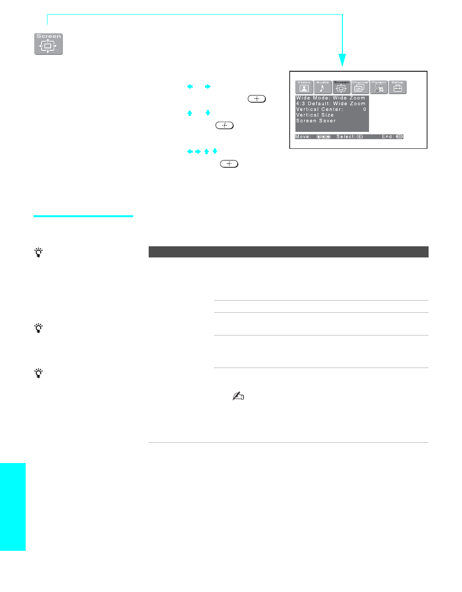 Using the screen menu, Selecting screen mode options, D 88 | Menus | Sony KE-50XS910 User Manual | Page 90 / 116