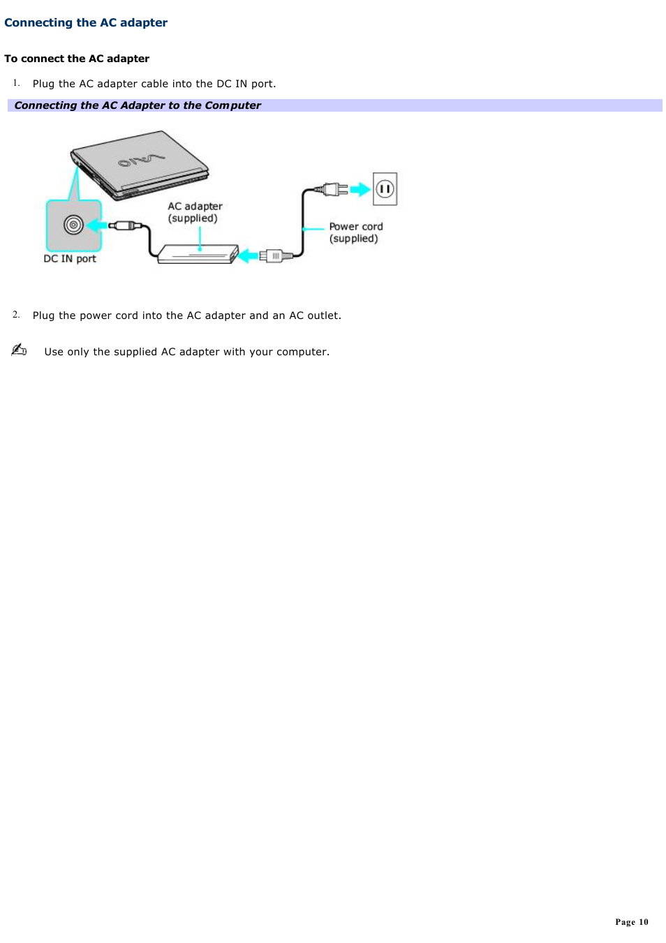 Connecting the ac adapter | Sony PCG-V505DC2K User Manual | Page 10 / 131