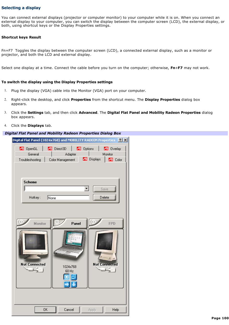 Selecting a display, For more, And flat-panel display. see | For more information | Sony PCG-V505DC2K User Manual | Page 100 / 131