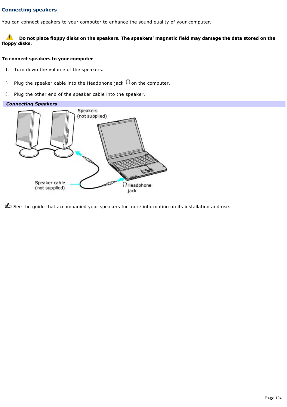 Connecting speakers | Sony PCG-V505DC2K User Manual | Page 104 / 131