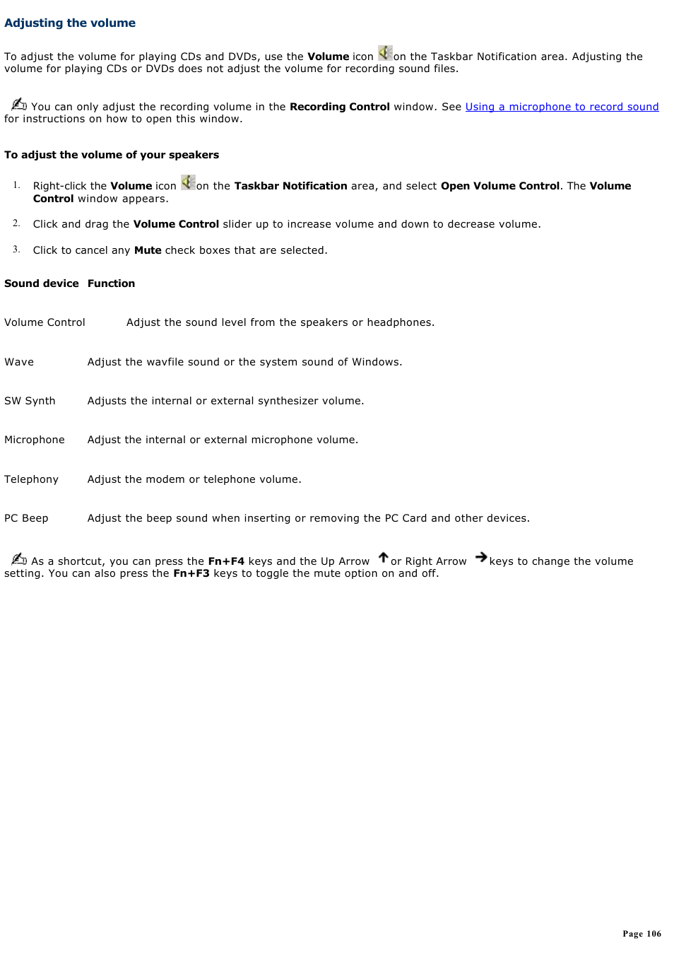 Adjusting the volume | Sony PCG-V505DC2K User Manual | Page 106 / 131
