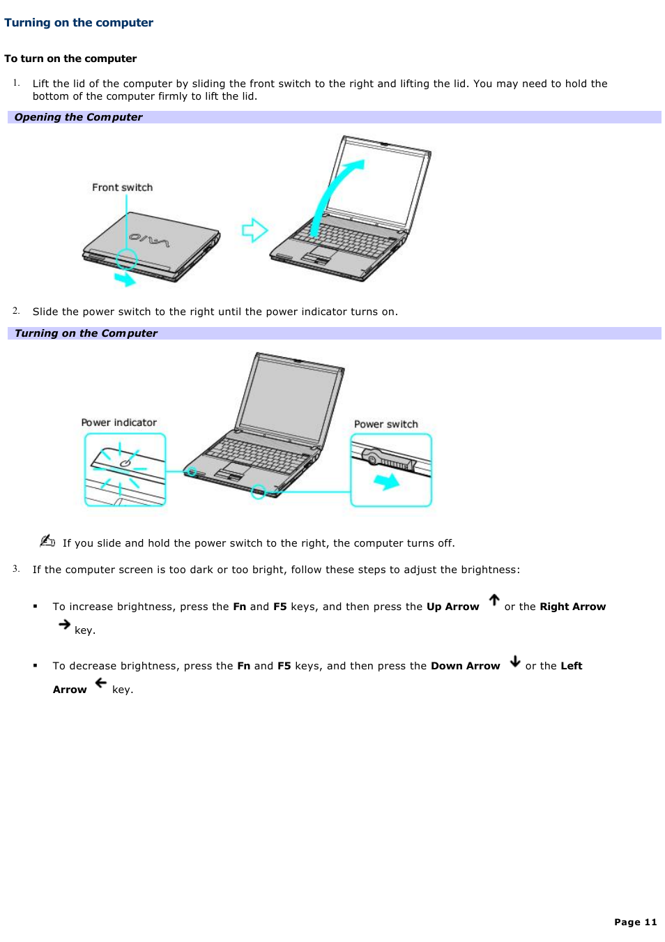 Turning on the computer | Sony PCG-V505DC2K User Manual | Page 11 / 131