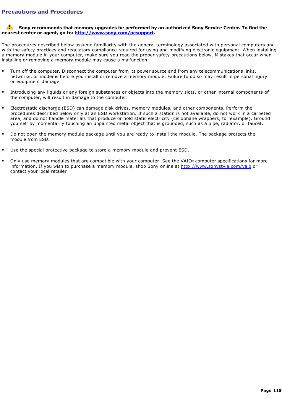 Precautions and procedures | Sony PCG-V505DC2K User Manual | Page 115 / 131